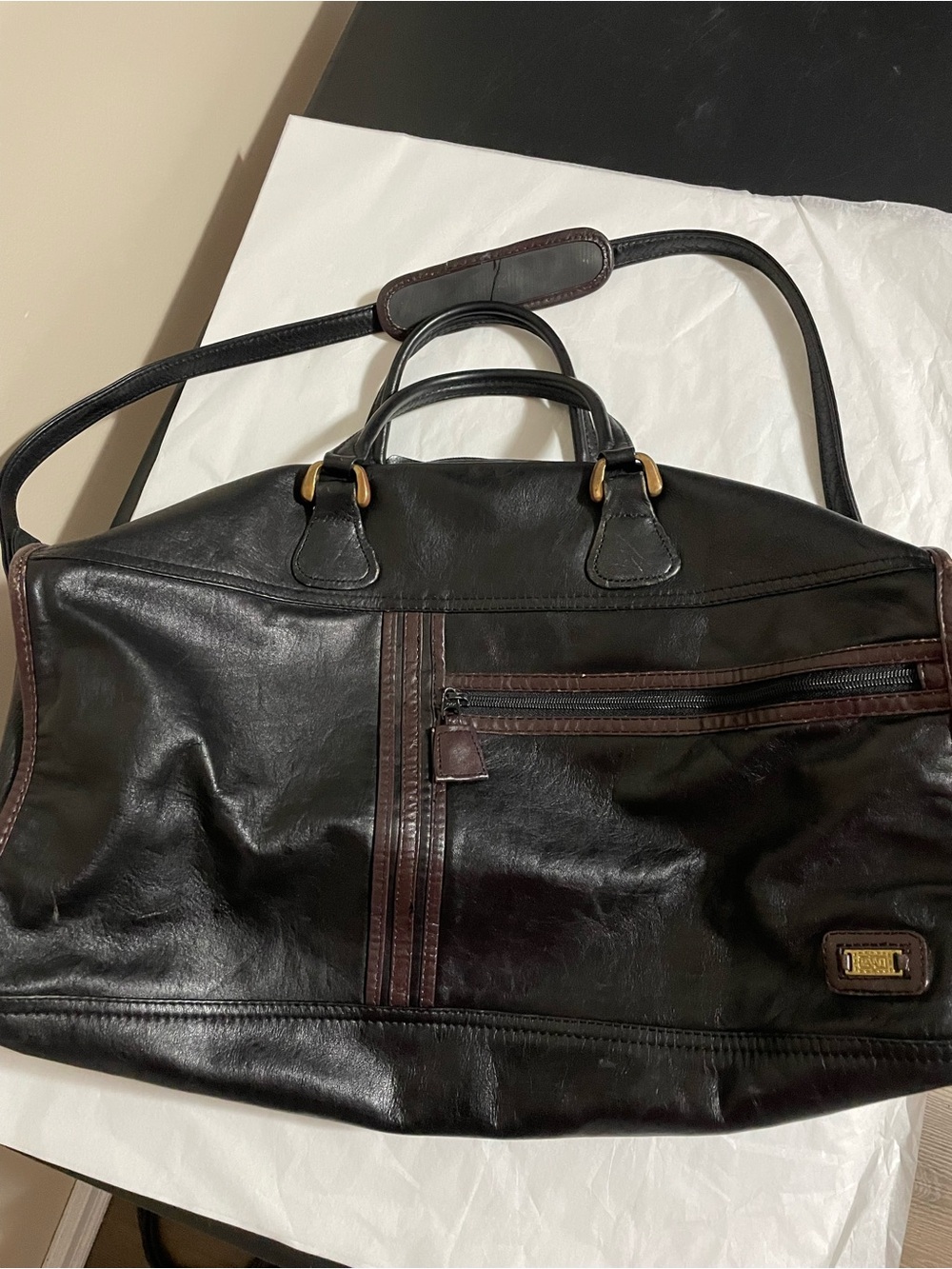 Vintage Land Leather Collection Black Leather Duffle Bag with Brown Trim